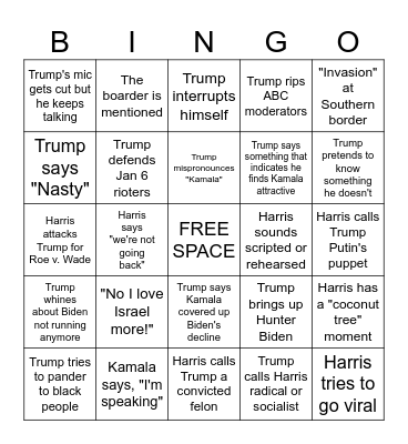 2024 Harris v. Trump Debate Bingo Card