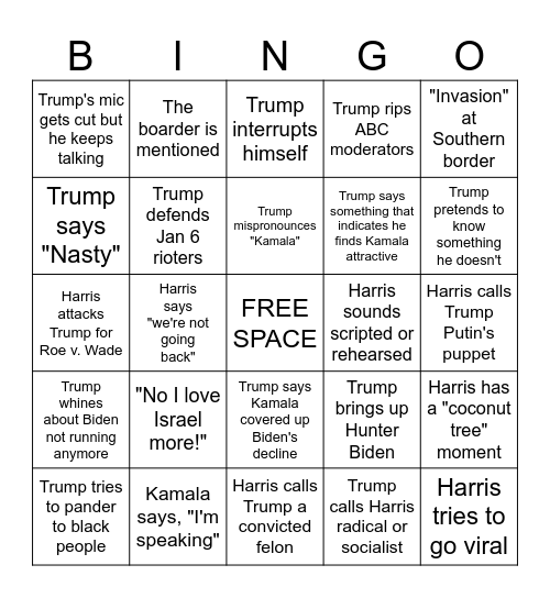 2024 Harris v. Trump Debate Bingo Card