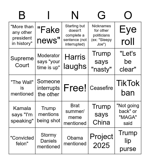 Presidential Debate Bingo 2024 Bingo Card