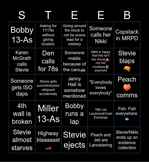 Stevie Streams Bingo Card