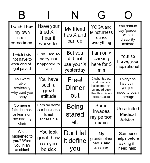 My Ableism Bingo Card