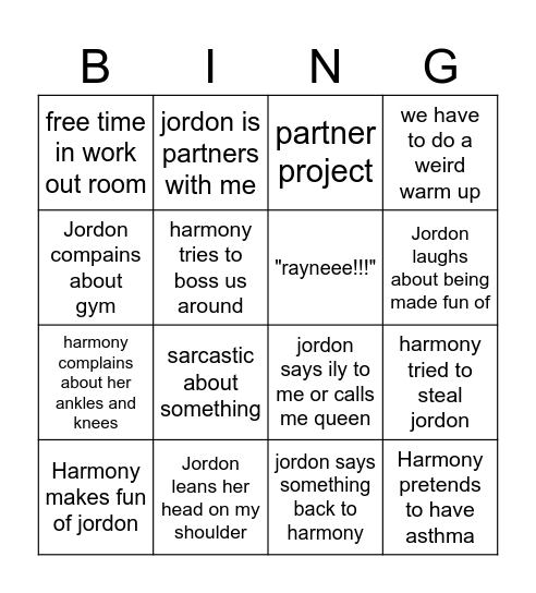 Gym class Bingo Card