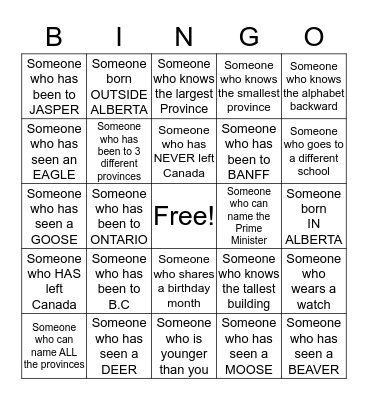 Grades 2-4 Canadian Bingo! Bingo Card