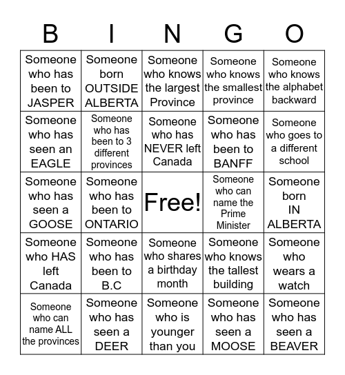 Grades 2-4 Canadian Bingo! Bingo Card