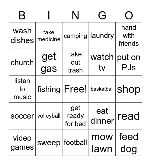 Chores and Activities Bingo Card