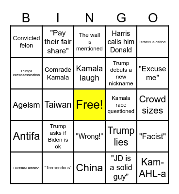 Presidential Debate Bingo Card