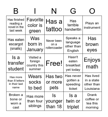Get to Know You Bingo Card