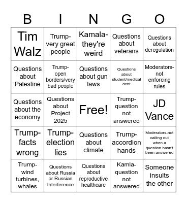 Election Debate 2024 Bingo Card