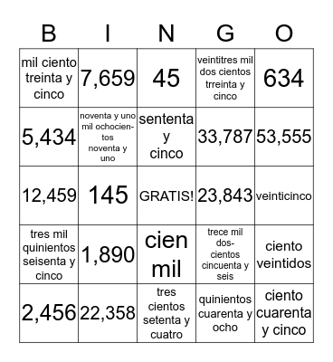 Numeros Bingo Card