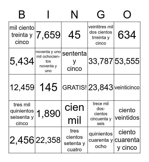 Numeros Bingo Card