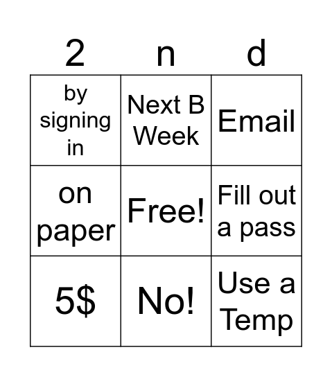 Freshman Bingo: Game 2 Bingo Card