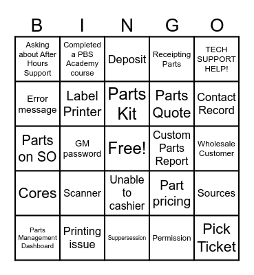 Parts Support Bingo! Bingo Card