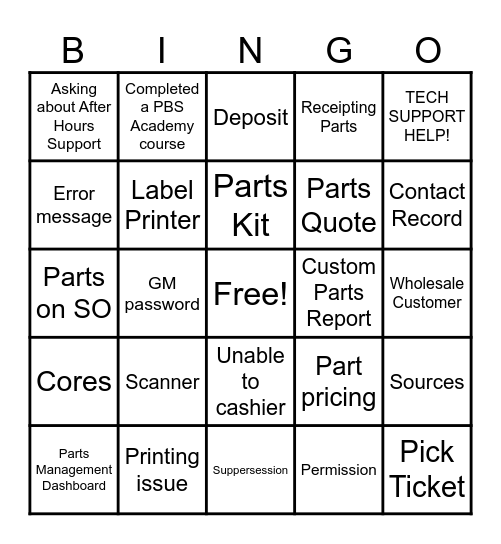 Parts Support Bingo! Bingo Card