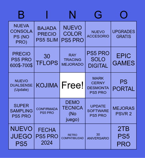 PS5 PRO Bingo Card