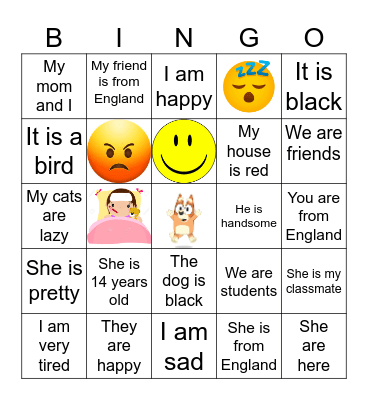 Verb to be Bingo Card
