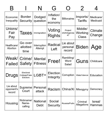 Harris - Trump 2024 Bingo Card