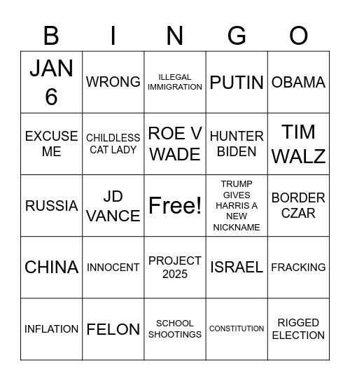 Debate Night Bingo Card