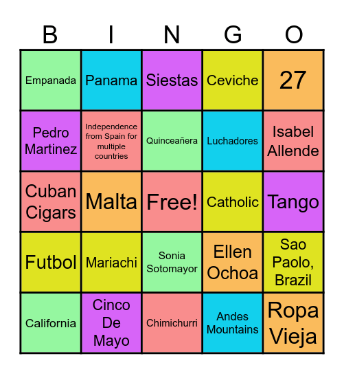 Hispanic Heritage Month BINGO Card