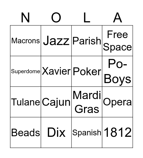 New Orleans Bingo Card