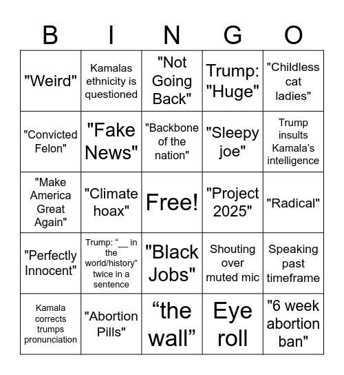 2024 Presidential Debate Bingo Card