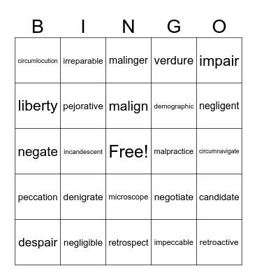 Unit 4 Vocabulary Bingo Card