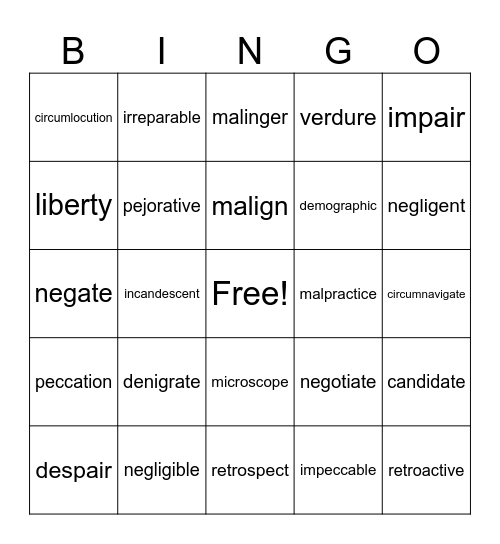 Unit 4 Vocabulary Bingo Card