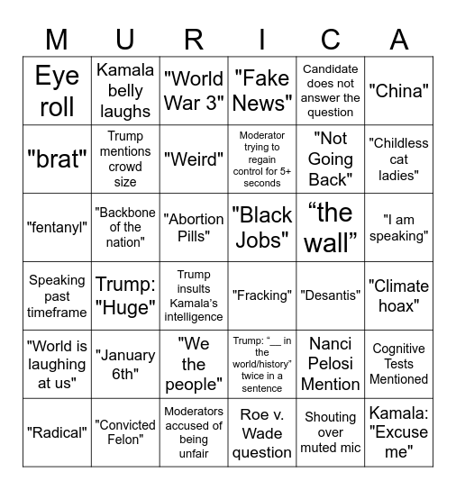2024 Presidential Debate Bingo Card