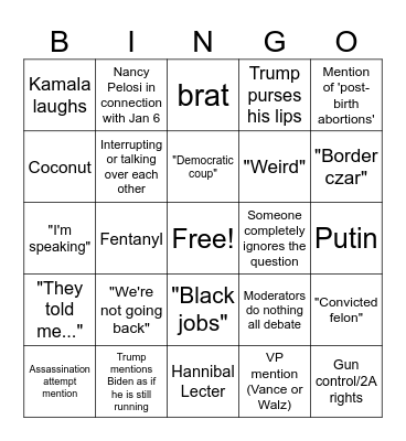 2024 Presidential Debate Bingo Card