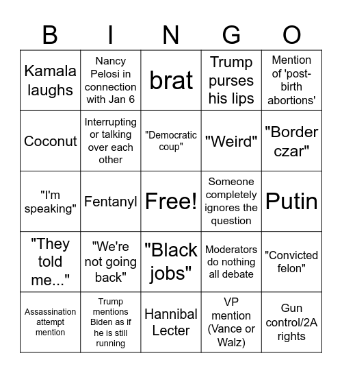 2024 Presidential Debate Bingo Card