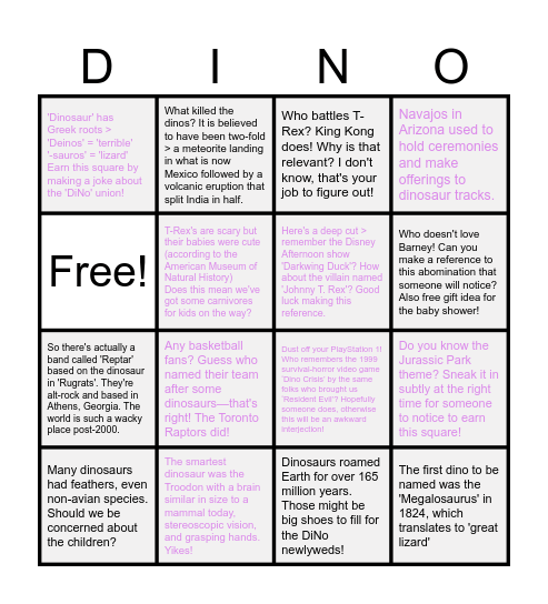 DiNo Wedding Party Bingo! Bingo Card