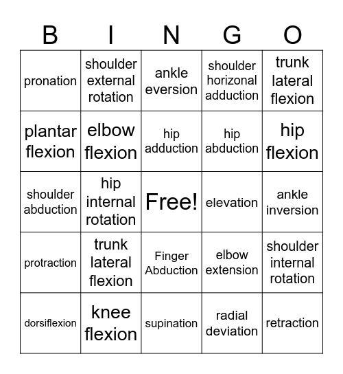 Anatomical Movements Bingo Card