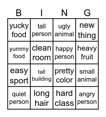 Superlative Adjectives Bingo Card