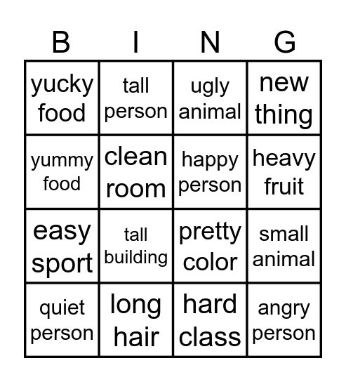 Superlative Adjectives Bingo Card