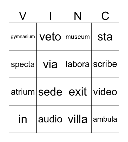 Latin Words in English & Cognates Bingo Card