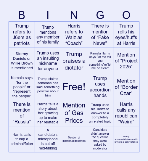 Presidential Debate Bingo Card