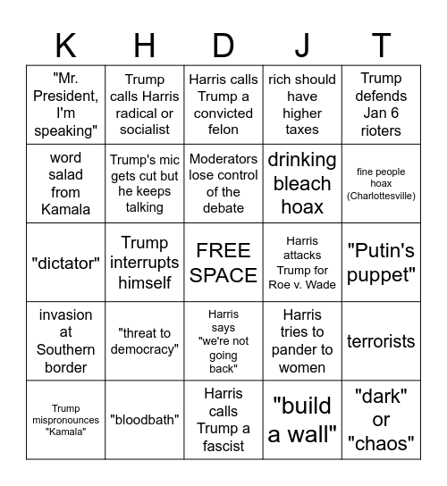 2024 Harris v. Trump Debate Bingo Card