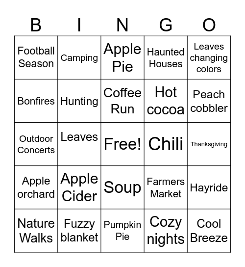 Fall Harvest Bingo Card