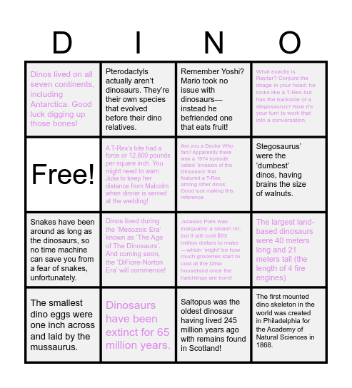 DiNo Wedding Party Bingo! Bingo Card