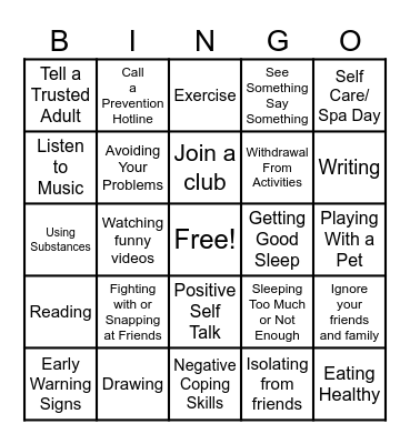 Coping Skills Bingo Card