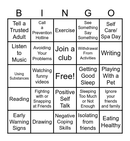 Coping Skills Bingo Card