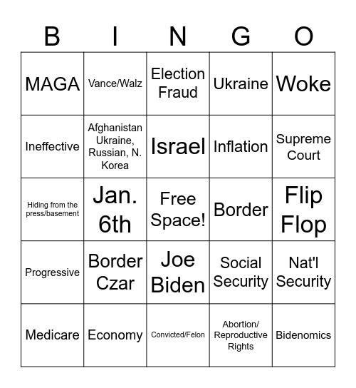 Debate Night Bingo Card