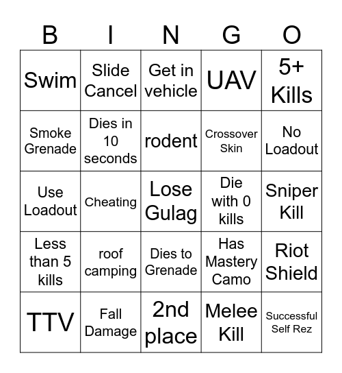 Warzone Bingo Card