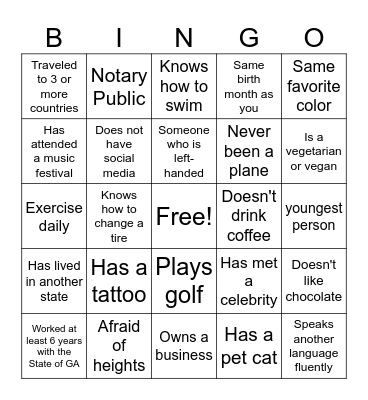 Get to know you BINGO Card
