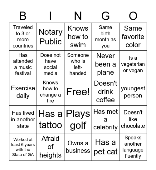 Get to know you BINGO Card