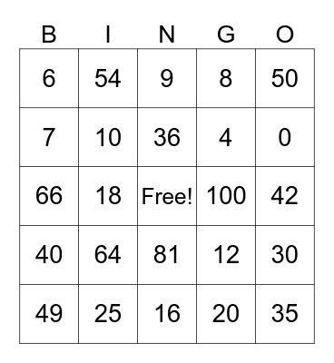 Multiplication Bingo Card