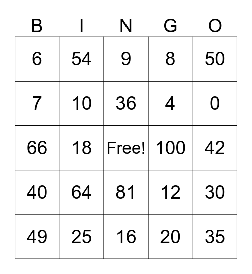 Multiplication Bingo Card