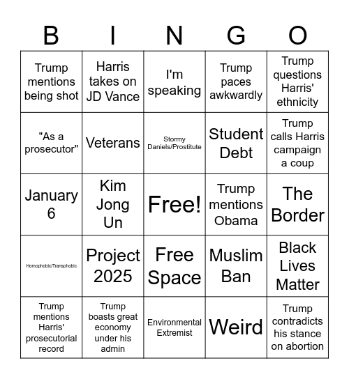 Debate Night Bingo Card