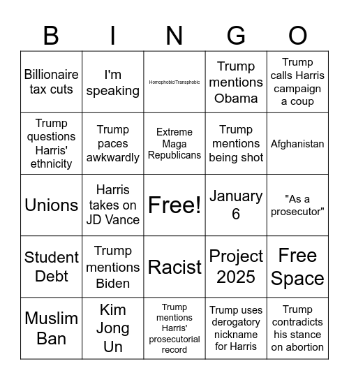 Presidential Debate Night Bingo Card