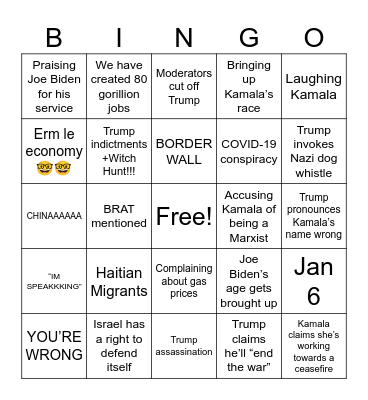 Drumpf/KKKamala Debate Bingo Card