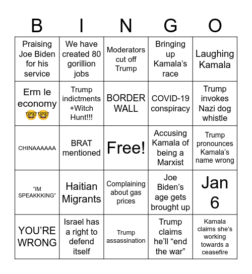 Drumpf/KKKamala Debate Bingo Card